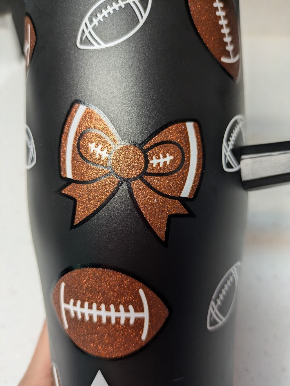 Glittery Football & Bows Print Travel Tumbler with Handle Removable Straw Topper - Picture 6 of 14